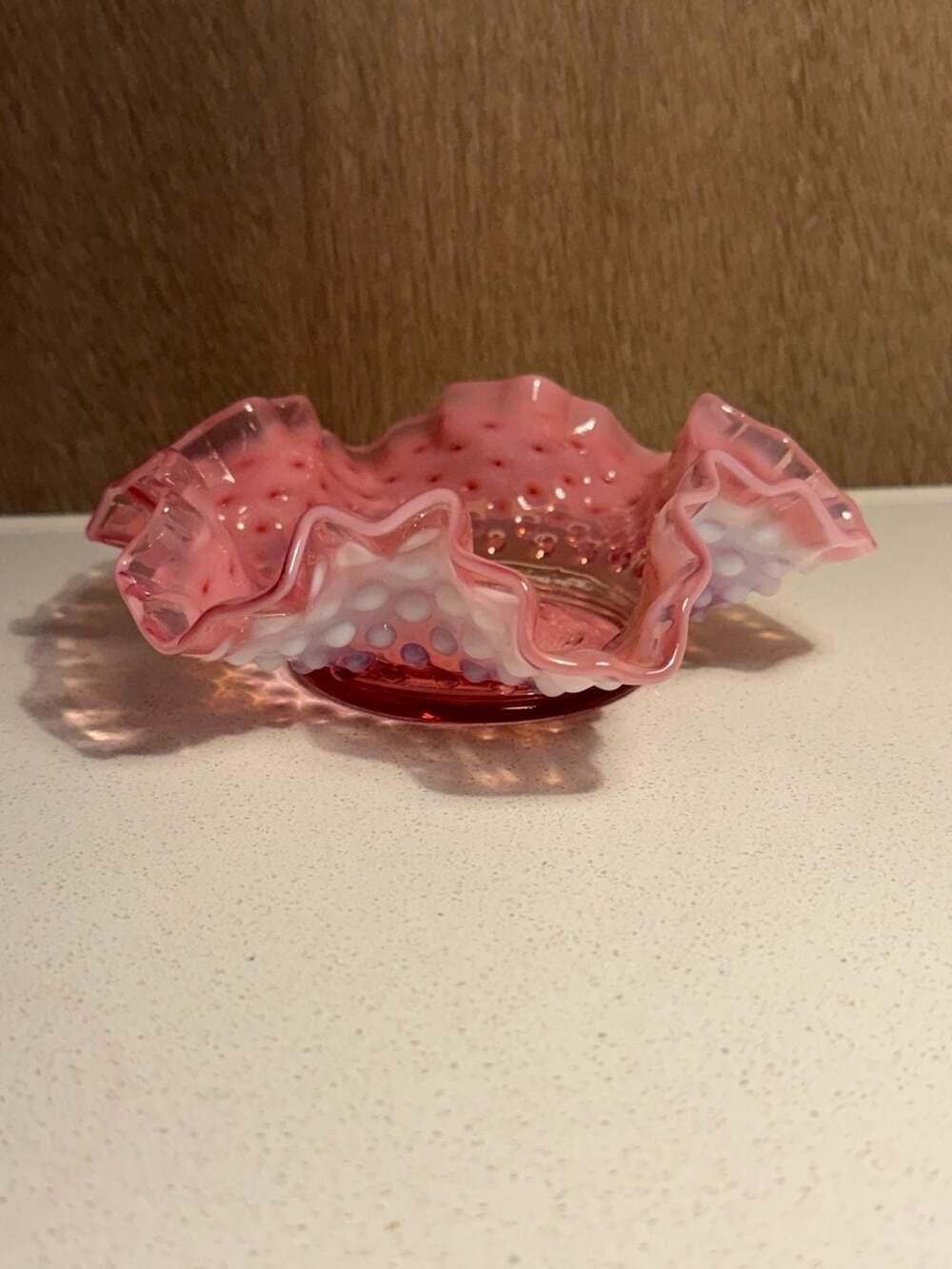 Vintage Fenton Cranberry Opalescent Hobnail Ruffled Bowl